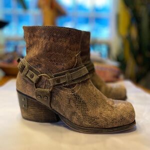 Brown Faux Snakeskin Leather Harness Ankle Boots with Bronzed Hardware Detailing